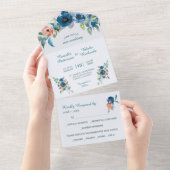 ブルーコーラルピーチフローラブーケ結婚ーズ オールインワン招待状 (貼ってはがせる)