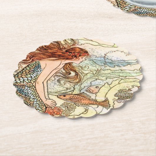ブルーコーラルピーチ愛らしい人魚の誕生日パーティー ペーパーコースター (アングル)