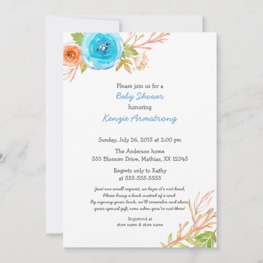 ブルーコーラルベビーシャワー招待状ニュートラルジェンダー 招待状 (正面)