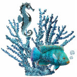 ブルーコーラルリーフオーナメント 写真彫刻オーナメント<br><div class="desc">光る青い海馬と軽い青いトパーズの気泡を持つ美しい青い魚を保護する青いサンゴのアクリルフォトスカルプチャーオーナメント。一致するアクリルフォトスカルプチャーピン、キーチェーン、磁石と彫刻を参照。特別なTOUCHで海の下のオーナメントコレクション全体を参照 |パーティーの好意セクション。</div>