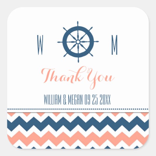 ブルーコーラル航海のサンキュー結婚式の引き出物ラベル スクエアシール (正面)