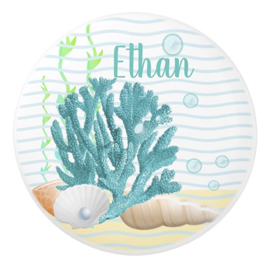 ブルーコーラル、シーシェルズ&ブルーパール装飾用クッション セラミックノブ (正面)