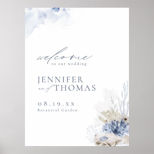 ブルーコーラル&シーシェルビーチ結婚式ウェルカムサイン ポスター (正面)