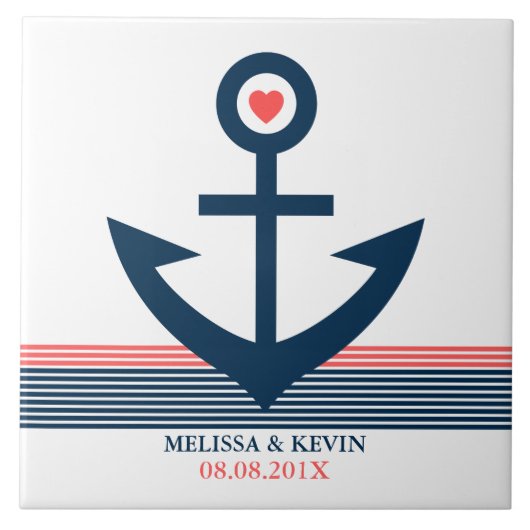 ブルーコーラル&ホワ航海のイトボートいかり&ストライプ タイル (正面)