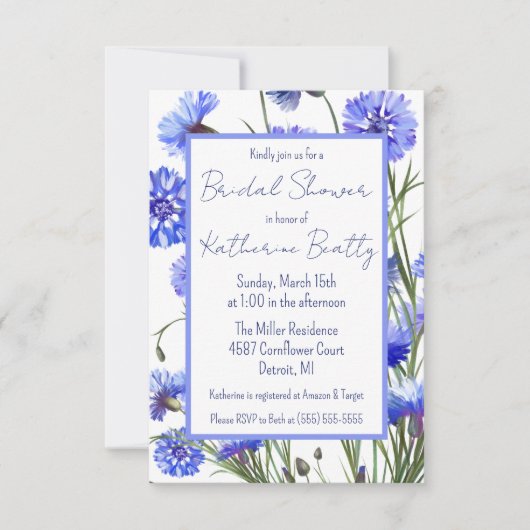 ブルーコーンフラワーウォーターカラーブライダルシャワー 招待状 (正面)