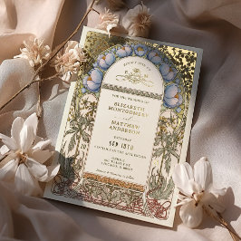 ブルーコーンフラワーズヴィンテージウェディングアールヌーボー 箔招待状
