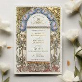 ブルーコーンフラワーズヴィンテージウェディングアールヌーボー 箔招待状