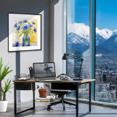 ブルーコーンフラワーバチェロボタン水彩プリント ポスター