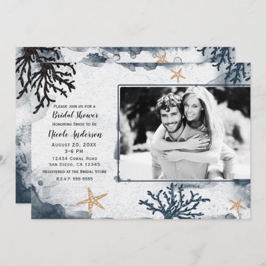 ブルーコー航海のラルウォーターブライダルシャワー写真 招待状 (正面/裏面)