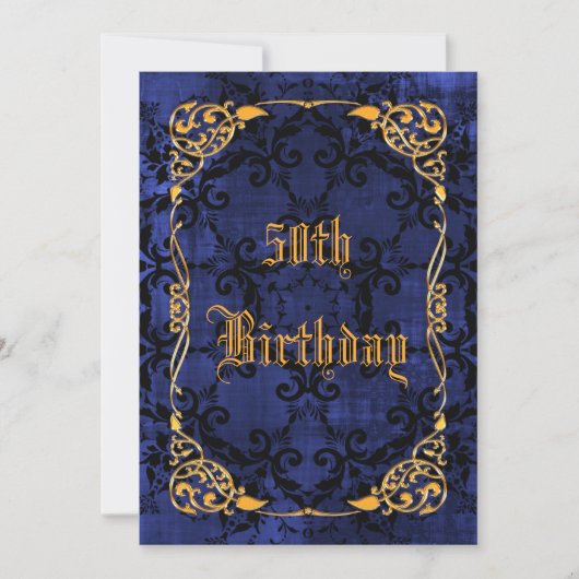 ブルーゴシックとゴールドフレームの50歳の誕生日 招待状 (正面)