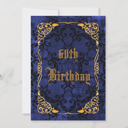 ブルーゴシックとゴールドフレームの60歳の誕生日 招待状 (正面)