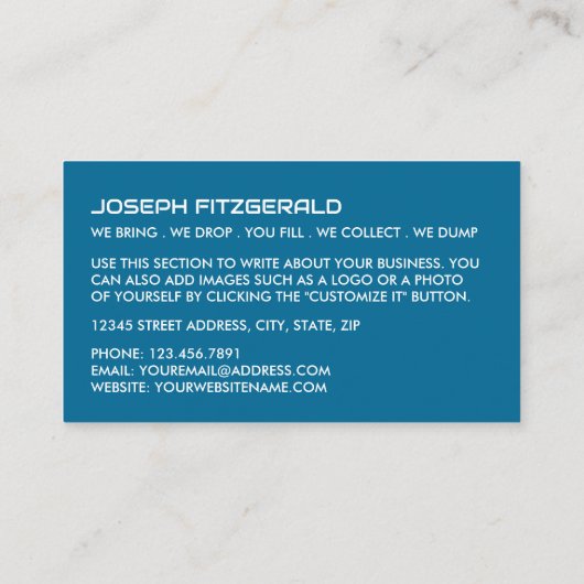 ブルーゴミのスキップデザイン、スキップ/ダンプスター会社 名刺 (裏面)