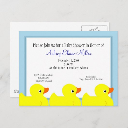 ブルーゴムダッキー（アヒルちゃん）シャワー招待状 インビテーションポストカード (正面/裏面)