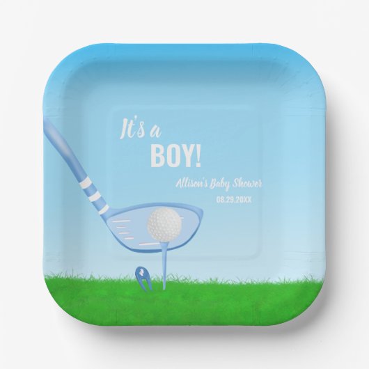 ブルーゴルフをティーアップ男の子だ！赤ちゃんシャワー ペーパープレート (正面)