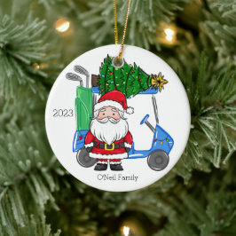 ブルーゴルフカートパーソナライズされたサンタクリスマスツリー セラミックオーナメント