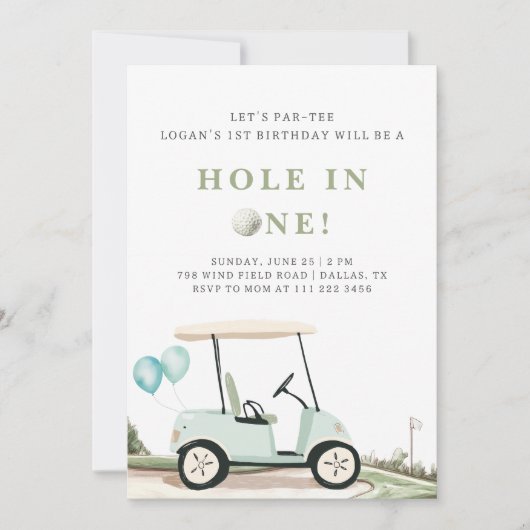 ブルーゴルフカートボーイファースト誕生日招待状 招待状 (正面)