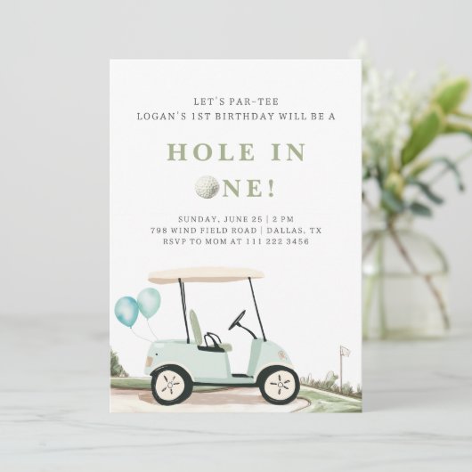 ブルーゴルフカートボーイファースト誕生日招待状 招待状 (スタンド正面)