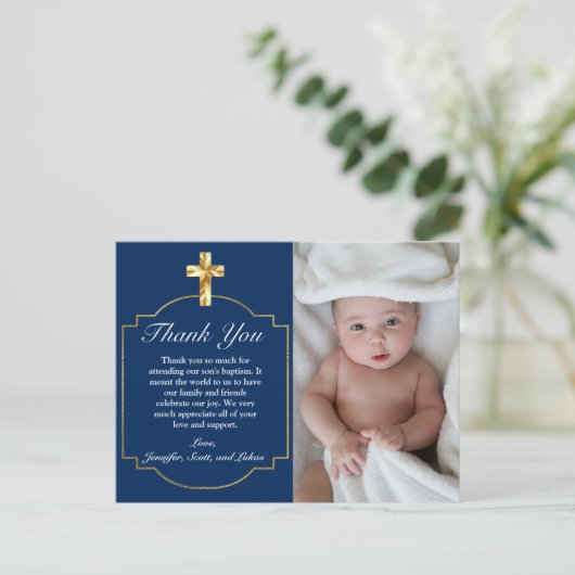 ブルーゴールデンエレガントクロスボーイズ洗礼ありがとう ポストカード (スタンド正面)