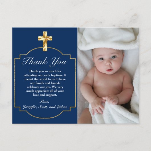 ブルーゴールデンエレガントクロスボーイズ洗礼ありがとう ポストカード (正面)