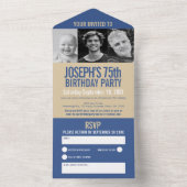 ブルーゴールデンブラウン3枚の写真75th Birthday party オールインワン招待状 (内側)