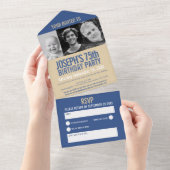 ブルーゴールデンブラウン3枚の写真75th Birthday party オールインワン招待状 (貼ってはがせる)