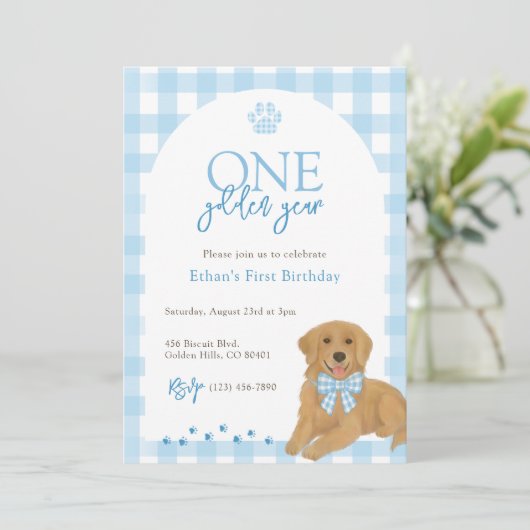 ブルーゴールデンレトリエバーワンゴールデンイヤー誕生日 招待状 (スタンド正面)