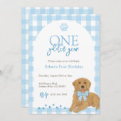 ブルーゴールデンレトリエバーワンゴールデンイヤー誕生日 招待状 (正面/裏面)