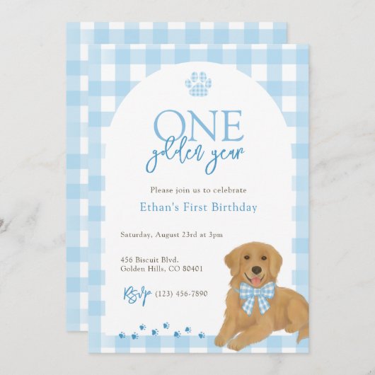 ブルーゴールデンレトリエバーワンゴールデンイヤー誕生日 招待状 (正面/裏面)