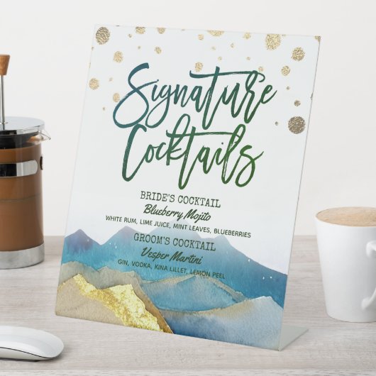 ブルーゴールデン結婚マウンテンズのシグネチャードリンクメニュー 台座サイン (インサイチュ)