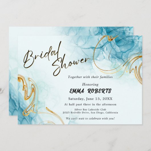 ブルーゴールドとホワイトのエレガントな水彩ウェディング 招待状 (正面/裏面)