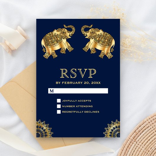 ブルーゴールドの民族風エレファント インド風RSVP 出欠カード