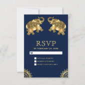 ブルーゴールドの民族風エレファント インド風RSVP 出欠カード (正面)