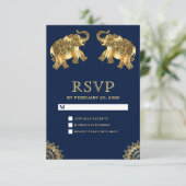 ブルーゴールドの民族風エレファント インド風RSVP 出欠カード (スタンド正面)
