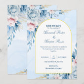 ブルーゴールドの水彩フラワーの結婚式の案内状 (正面/裏面)