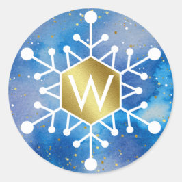 ブルーゴールドの水彩雪の結晶モノグラム ラウンドシール