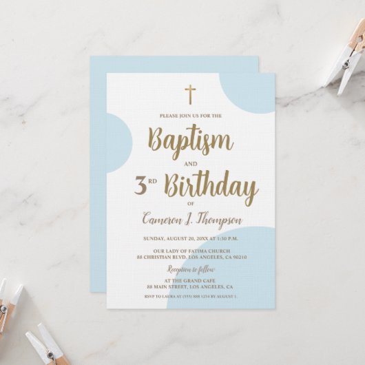 ブルーゴールドの男の子洗礼＆3歳の誕生日招待状 招待状 (正面/裏面インサイチュ)