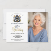 ブルーゴールドの航海用アンカー 100歳の誕生日フォト 招待状 (正面)