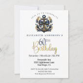 ブルーゴールドの航海風リボン付き錨 60歳の誕生日 招待状 (正面)