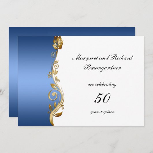 ブルーゴールドの花模様 50周年結婚記念日 招待状 (正面/裏面)