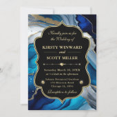 ブルーゴールドアゲート大理石グリッターウェディング 招待状 (正面)