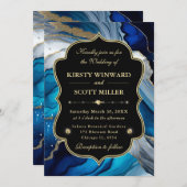 ブルーゴールドアゲート大理石グリッターウェディング 招待状 (正面/裏面)