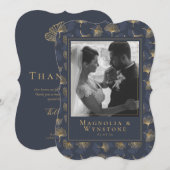 ブルーゴールドエレガントフォイルフローラ結婚フォト感謝していズ サンキューカード (正面/裏面)