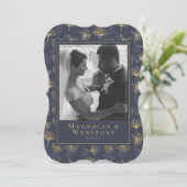 ブルーゴールドエレガントフォイルフローラ結婚フォト感謝していズ サンキューカード (スタンド正面)