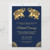 ブルーゴールドエレファント インド ヘンナ メンディ セレモニー 招待状 (正面)