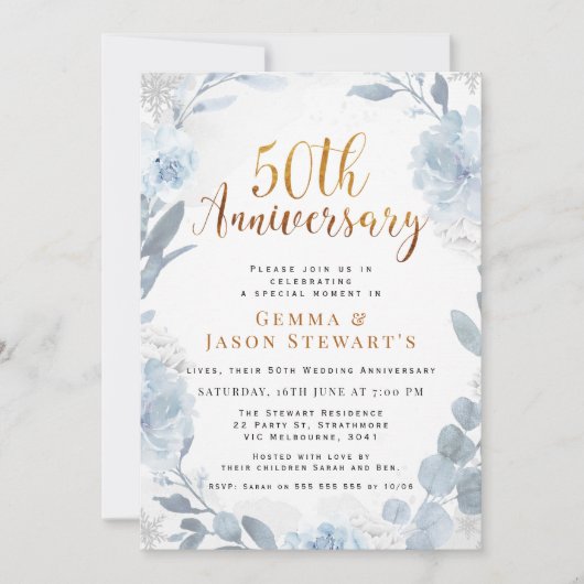 ブルーゴールドカリグラフィー 50周年結婚記念日 招待状 (正面)