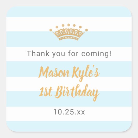 ブルーゴールドクラウン誕生日パーティーお願い スクエアシール (正面)