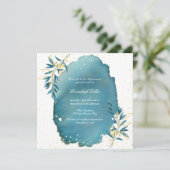 ブルーゴールドグリッター ボタニカル キンセアニエラパーティー 招待状 (スタンド正面)