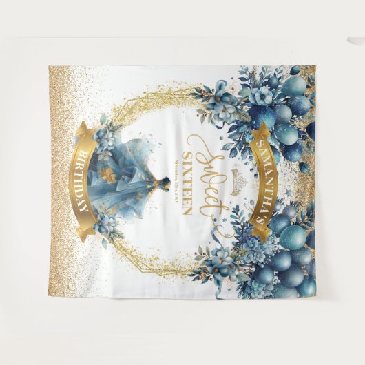 ブルーゴールドスウィートシックスティーン水彩ドレスパーティー タペストリー (正面(横))