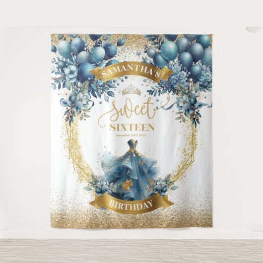 ブルーゴールドスウィートシックスティーン水彩ドレスパーティー タペストリー (正面)