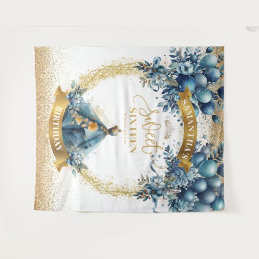 ブルーゴールドスパークルスイート16 ウォーターカラーパーティーバナー タペストリー (正面(横))